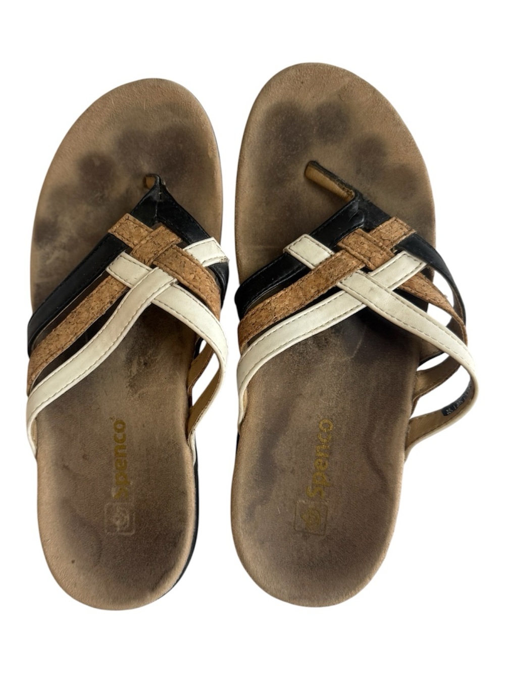 Spenco Womens Orthotic Flip Flop Sandals Black White Cork Multi Strap Size 8